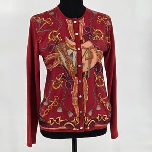 J. McLaughlin Women Small Red Equine Print Button Cardigan Sweater Horse bit